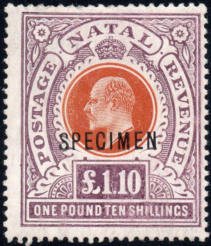 NATAL 1908 SG162s £1.10 BROWN-ORANGE & DEEP PURPLE  OVERPRINTED ``SPECIMEN`` - MM