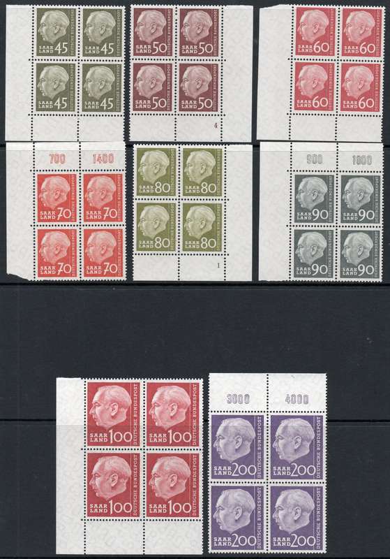 GERMANY (SAARLAND) - SET OF 20 IN UNMOUNTED MINT MARGINAL BLOCKS OF 4 (80 STAMPS) - SEE ALL SCANS