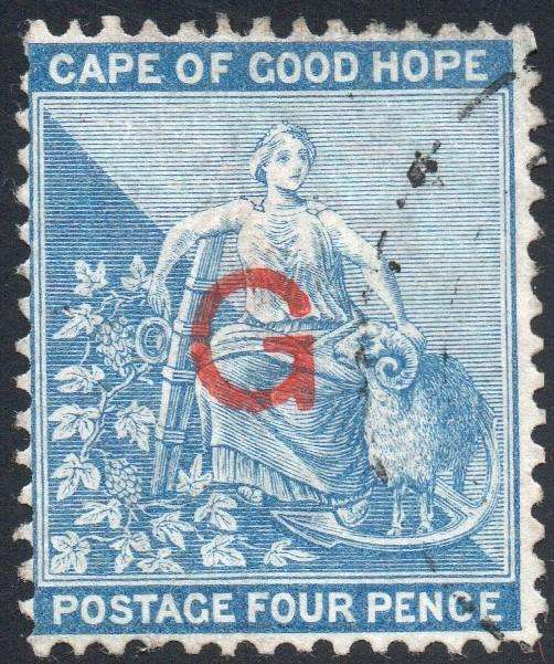 GRIQUALAND WEST 1877-8 SG7f 1st PRINTING 4d DULL BLUE, O/P TYPE 6 IN RED - VFU - CV £60+(2017)