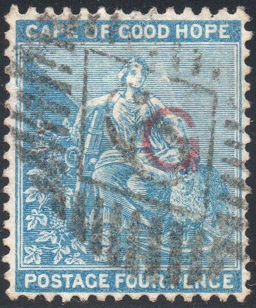 GRIQUALAND WEST 1877-8 SG7f 1st PRINTING 4d DULL BLUE, O/P TYPE 6 IN RED - VFU - CV £60+(2017)