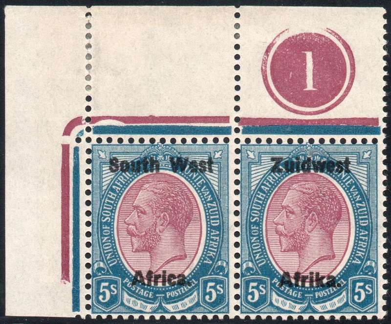 SWA 1923 SACC24 5/- PURPLE & BLUE, CORNER MARGINAL CONTROL PAIR(TYPE III BOLD O/P) - UM - CV R37500