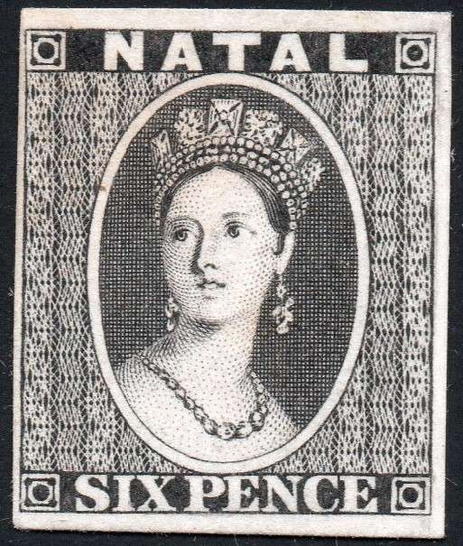 NATAL 1860 6d BLACK PLATE PROOF IN BLACK ON THICK CARD - RARE