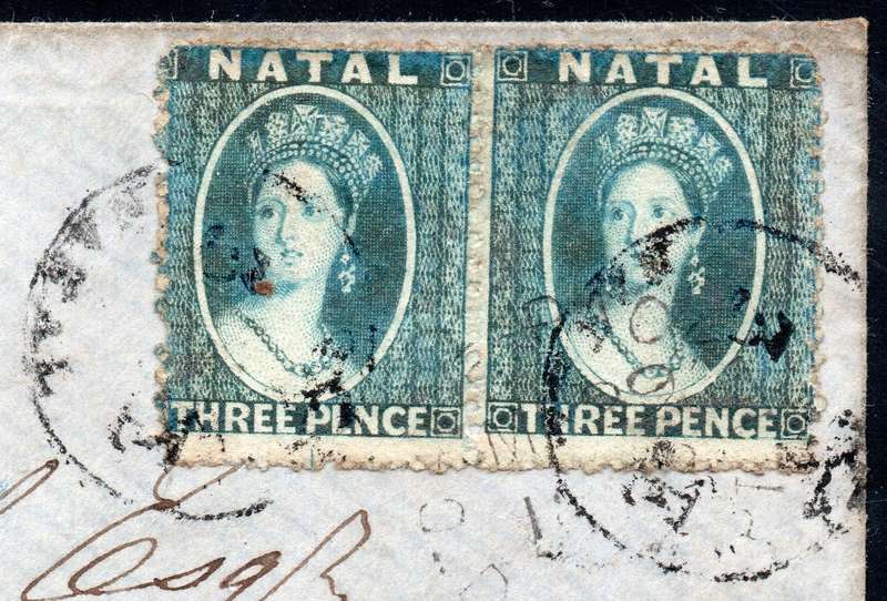 NATAL 1862 EARLY COVER NATAL TO SCOTLAND TIED WITH 3d BLUE PAIR(ROUGH PERF)(SACC11) - SCARCE