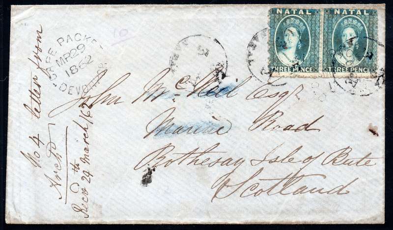 NATAL 1862 EARLY COVER NATAL TO SCOTLAND TIED WITH 3d BLUE PAIR(ROUGH PERF)(SACC11) - SCARCE