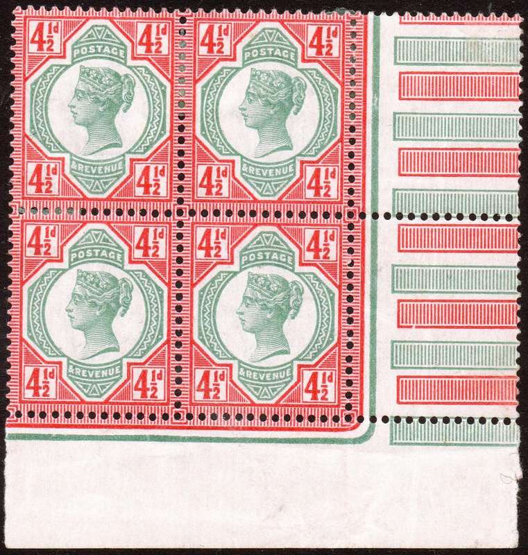 GREAT BRITAIN 1892 SG206 4½d GREEN & CARMINE - CORNER MARGINAL BO4 - MM/UM