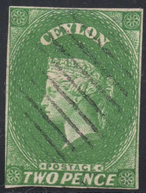 CEYLON - 1857 SG3a 2d YELLOWISH-GREEN - VFU - CV £90(2017)
