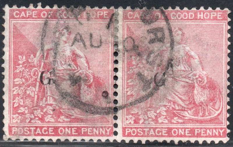 Griqualand West SG25 1d CARMINE-RED PAIR - VFU with o/p type 17 - SCARCE