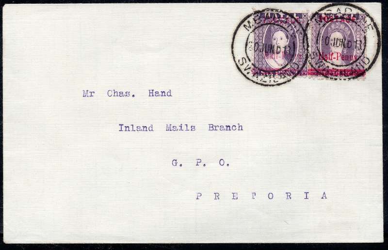 NATAL - COVER SENT MBABANE(SWAZILAND) TO PRETORIA WITH 2 SINGLE ½d ON 6d STAMPS - 20 JUNE 1913