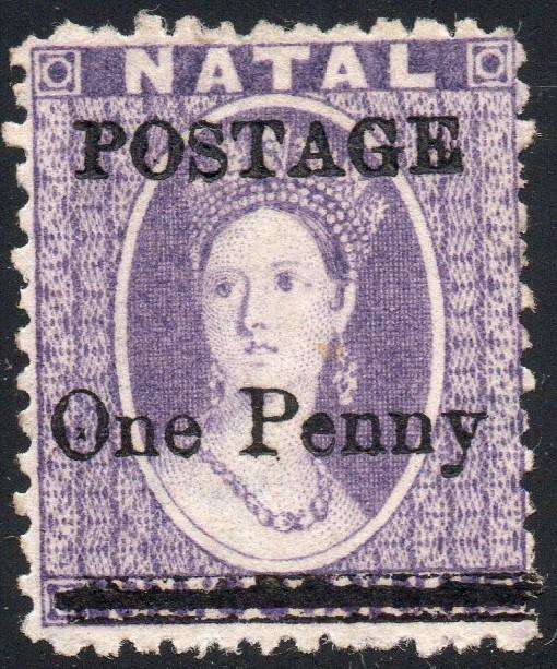 NATAL 1876 SACC91b 1d on 6d VIOLET - REVERSED WATERMARK - MM  - CV R3000+(SEE BELOW)