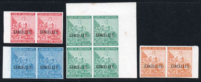 CAPE OF GOOD HOPE c1872 MARGINAL RECTANGULAR IMPERF PAIRS/BO4 OVERPRINTED ''CANCELLED'' - SEE SCANS