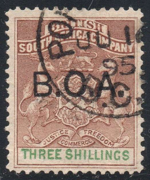 B.C.A. (Nyasaland) 1895 SACC10 3/- BROWN & GREEN VFU CV £90(2017)