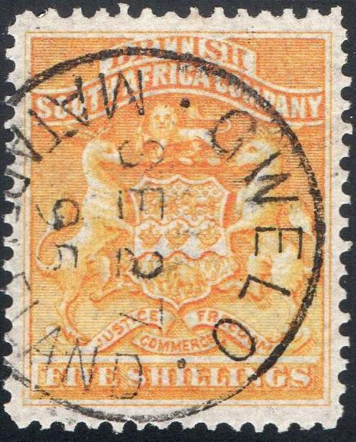 BSAC / Rhodesia 1892 SACC8  5/- ORANGE-YELLOW -  VFU CV R1700