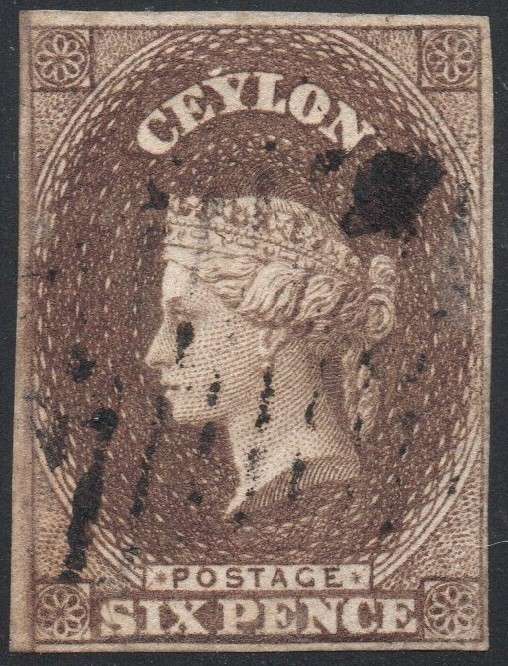 CEYLON - 1857-9 SG6a 6d BROWN - VFU - CV £550(2017)