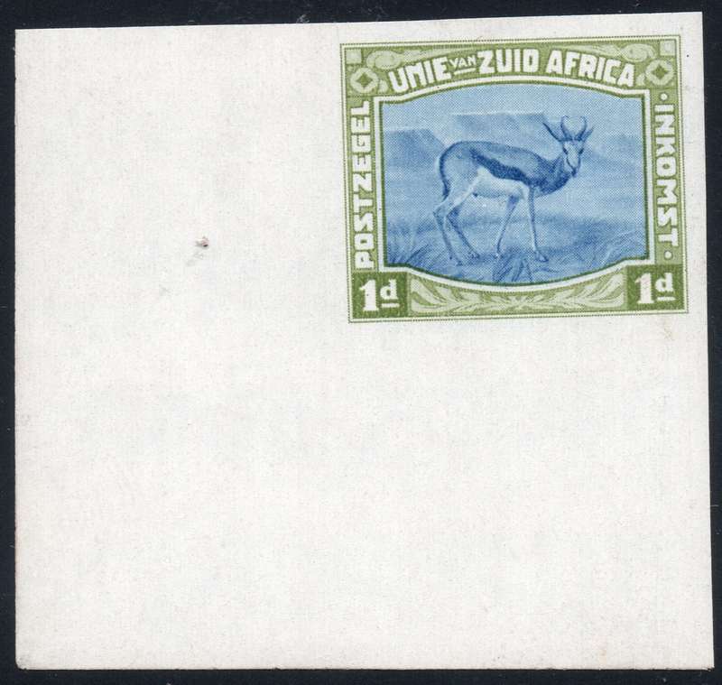 Union of SA - HARRISON ESSAY - 1d GREEN & BLUE CORNER MARGINAL IMPERF SINGLE - RARE