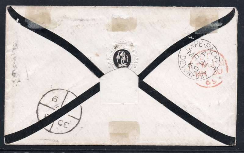 GREAT BRITAIN 1869 MOURNING COVER CHEST(UK) TO DURBAN TIED WITH SG117