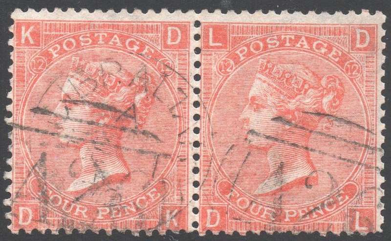 GREAT BRITAIN 1865 SG94 4d VERMILLION PAIR(PLATE 12) USED IN GIBRALTAR - VFU CV £150+(2017)