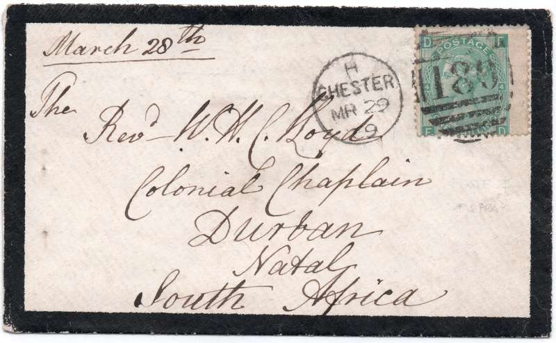 GREAT BRITAIN 1869 MOURNING COVER CHEST(UK) TO DURBAN TIED WITH SG117
