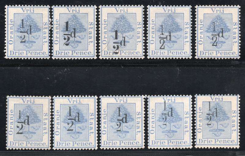 OFS 1896 ½d on 3d ULTRAMARINE SURCHARGED ISSUE , VAIOUS TYPES, SOME DUPLICATION - SEE SCANS