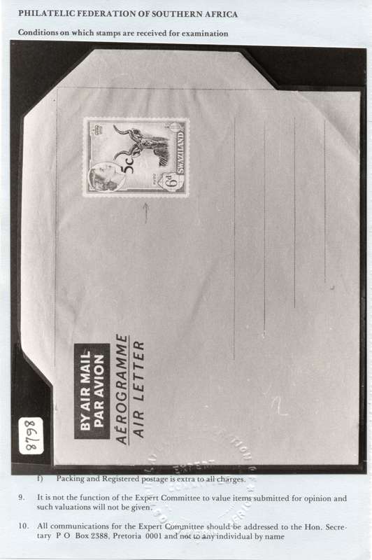SWAZILAND 1961 SACC71(var) 5c on 6d ON AIRLETTER WITH DOUBLE SURCHARGE - PFSA CERTIFICATE -SEE SCANS