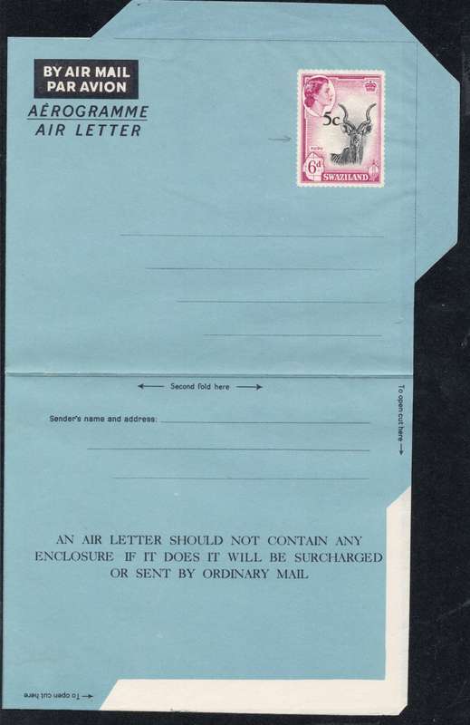 SWAZILAND 1961 SACC71(var) 5c on 6d ON AIRLETTER WITH DOUBLE SURCHARGE - PFSA CERTIFICATE -SEE SCANS