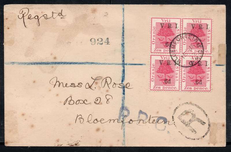 OFS 1902 COVER SENT INTERNALLY IN BLOEMFONTEIN, AFFIXED WITH 6d ON 6d BRIGHT CARMINE WITH EARLY CERT