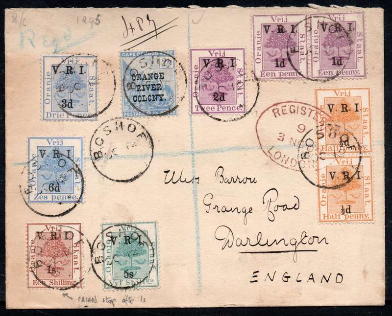 OFS MULTICOLOUED COVER BOSHOF TO ENGLAND, SENT OCT 1900, ARRIVAL 3 NOV 1900 - SEE BELOW