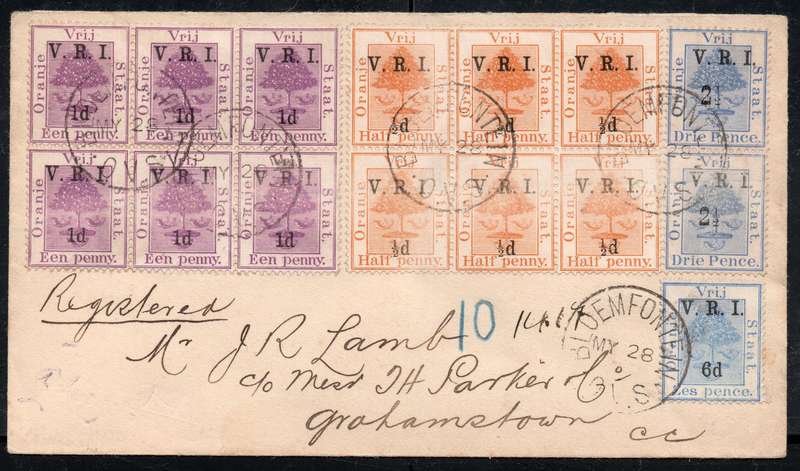OFS MULTICOLOUED INTERNAL COVER BLOEMFONTEIN TO GRAHAMSTOWN SENT 28 MAY, ARRIVAL 30 MAY 1900
