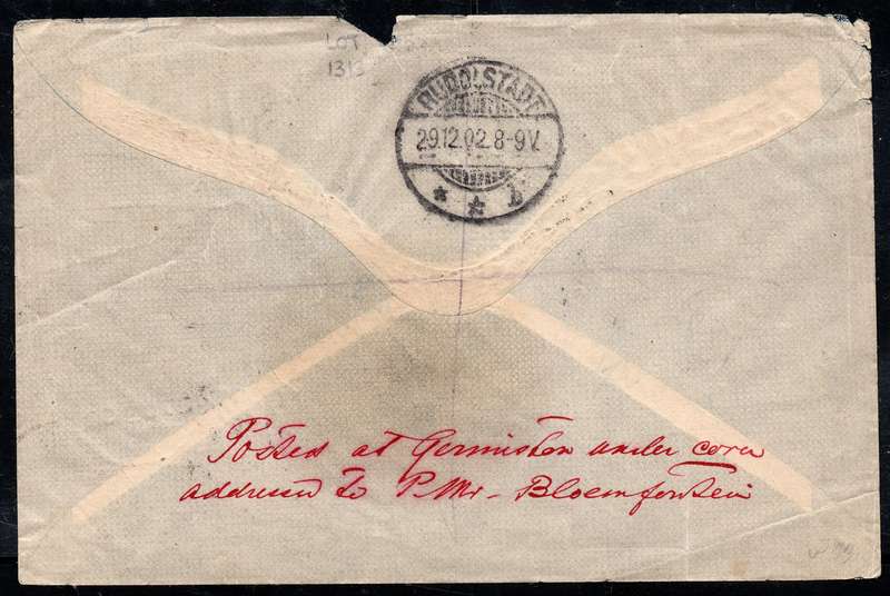 OFS 1902 - REGISTERED COVER BLOEMFONTEIN TO RUDOLSTADT, GERMANY (VIA LONDON) - SEE BELOW