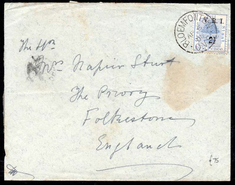 OFS 1900 - COVER BLOEMFONTEIN TO FOLKESTONE, ENGLAND, SENT 6 APRIL 1900, ARRIVAL 28 APRIL 1900