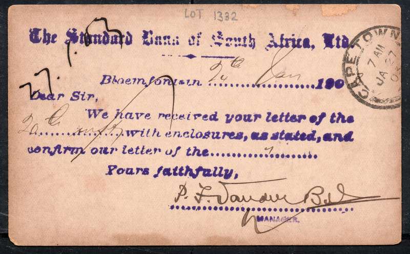 OFS 1903 BRIEFKAART SENT BLOEMFONTEIN(ORC) TO STD BANK CAPE TOWN - SEE BELOW