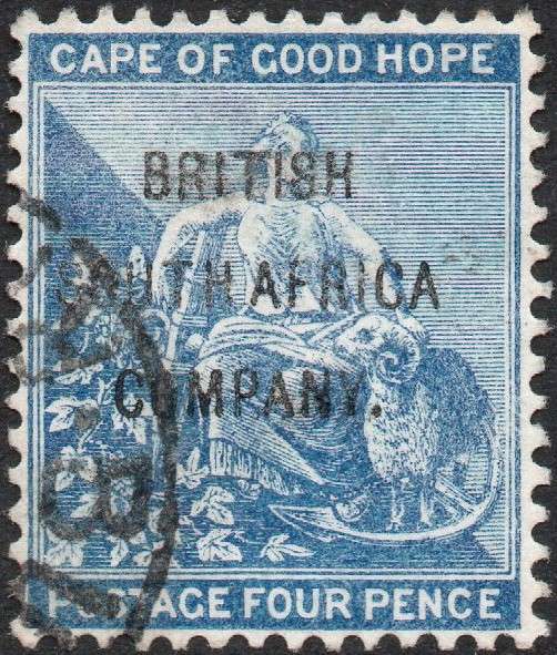 B.S.A.C. / Rhodesia 1896 SG62 4d BLUE - FINE USED - CV £26(2017)