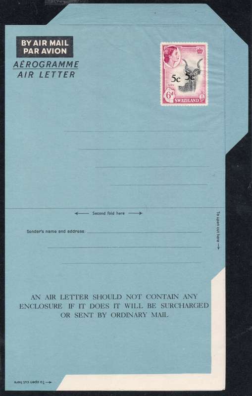 SWAZILAND 1961 SACC71(var) 5c on 6d ON AIRLETTER WITH DOUBLE SURCHARGE -SEE SCANS