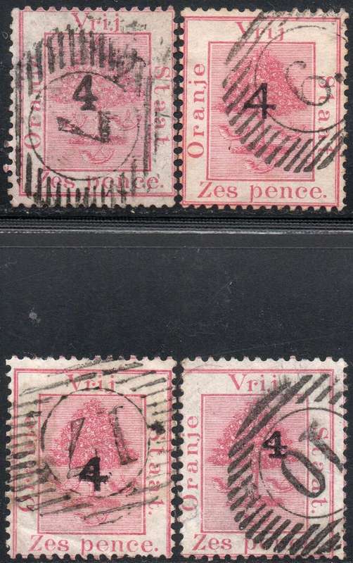 OFS 1877 6d ROSE SURCHARGED ''4'' IN BLACK - SET OF 4 (ALL TYPES - a,b,c&d) - VFU CV R7900+