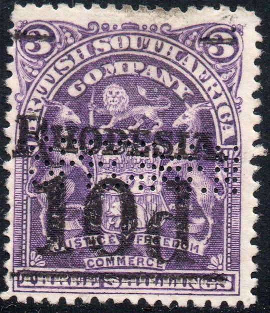 B.S.A.C. / Rhodesia 1909 SG117s 10d on 3d DEEP VIOLET ''SPECIMEN'' MNG