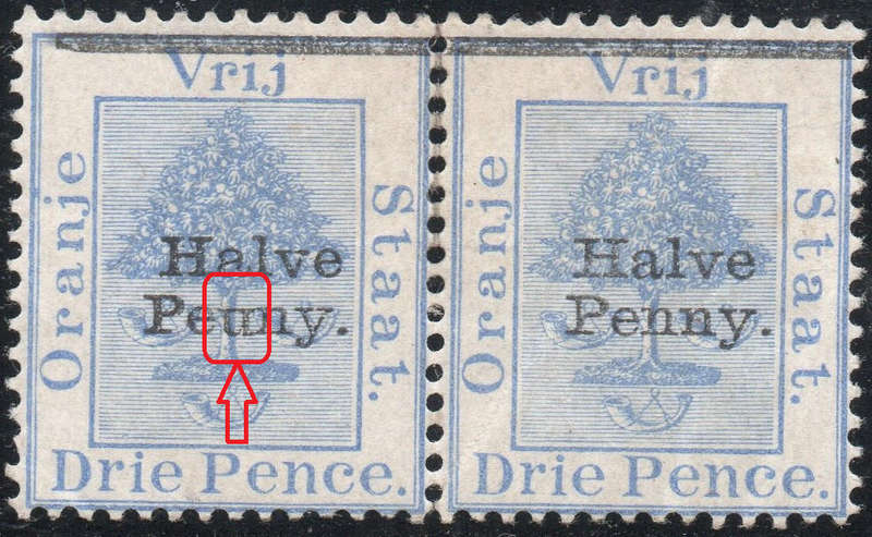 OFS 1896 ½d ON 3d ULTRAMARINE PAIR, LEFT STAPM WITH ''Peuny'' VARIETY - MM CV R1810