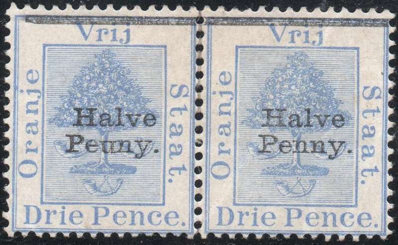OFS 1896 ½d ON 3d ULTRAMARINE PAIR, LEFT STAPM WITH ''Peuny'' VARIETY - MM CV R1810