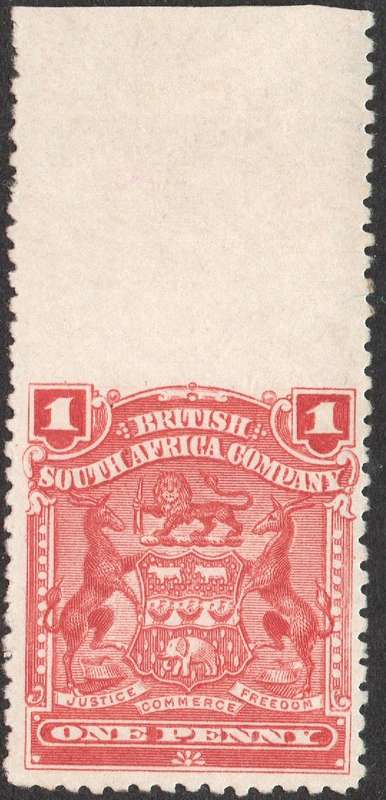 B.S.A.C. / Rhodesia SACC70(var) 1d RED SINGLE - IMPERF TOP MARGIN - SEE SCANS