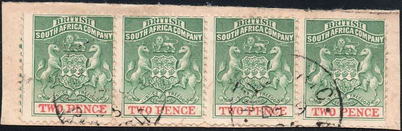 BSAC / RHODESIA 1895 SACC27 2d GREEN & RED SO4 ON PIECE - VFU - CV R1800(as singles)