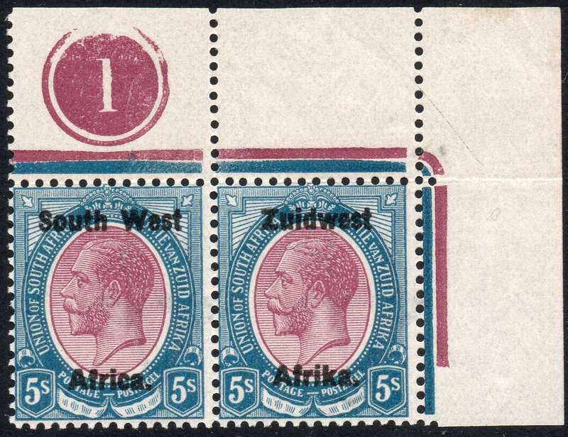 SWA 1923 SACC24 5/- PURPLE & BLUE, CORNER MARGINAL CONTROL PAIR(TYPE III BOLD O/P) - UM - CV R37500