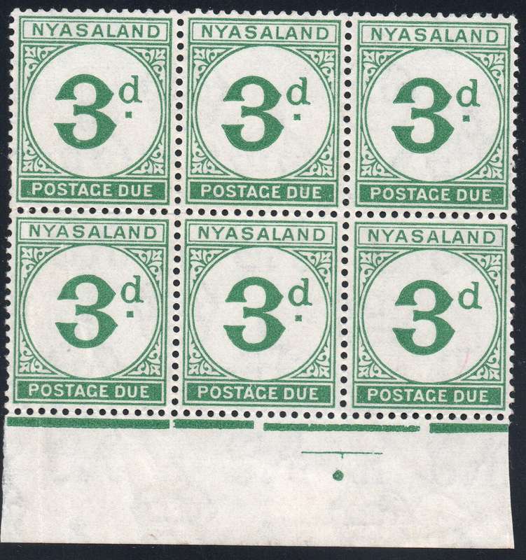 Nyasaland 1950 SG D3 3d GREEN MARGINAL BO6 - UM - CV £102+(2017)