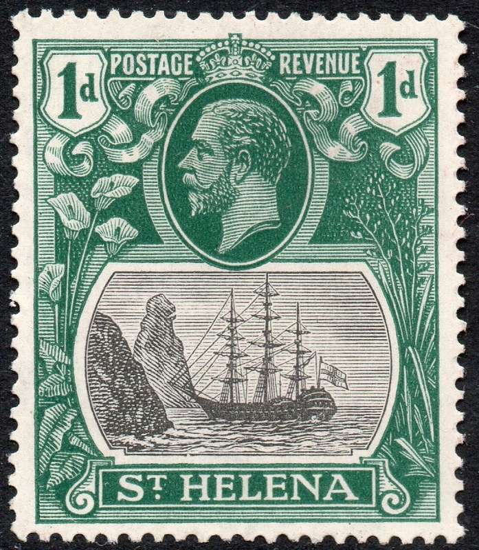 St. Helena 1923 SG98c 1d Grey and Green with ''CLEFT ROCK'' VARIETY - MM WITH OFFSET CV £95(2017)