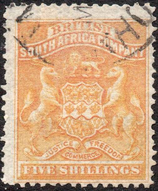 BSAC / Rhodesia 1892 SACC8  5/- ORANGE-YELLOW -  VFU CV R1700