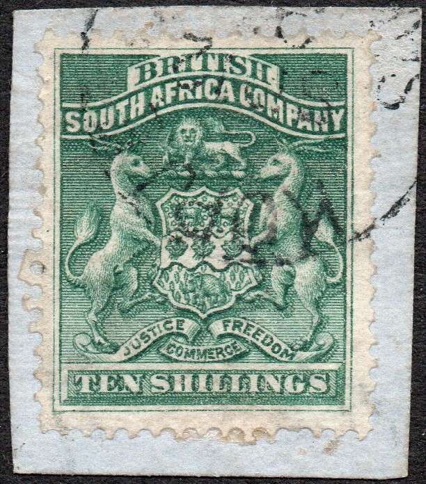 BSAC / Rhodesia 1892 SACC9  10/- DEEP GREEN ON PIECE -  VFU CV R3000