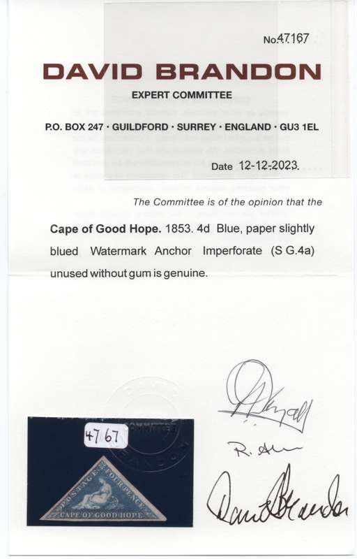 CAPE OF GOOD HOPE 1853 SACC4a - 4d BLUE ON SLIGHTLY BLUED PAPER - UNUSED - BRANDON CERT. - CV R55000