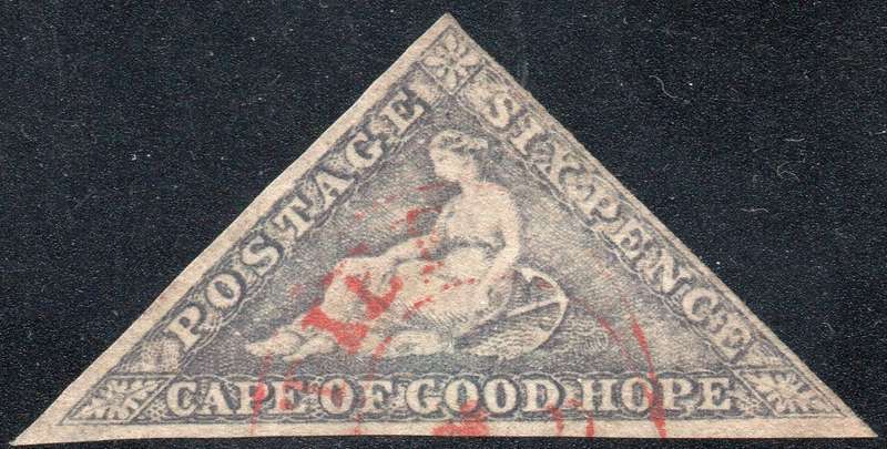 Cape of Good Hope : 1863-64 SACC7c : 6d SLATE LILAC - VFU WITH RARE RED CDS - CV R20000(for normal)