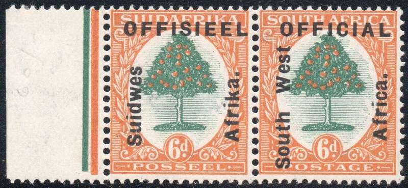 SWA OFFICIAL STAMPS SACC4 6d GREEN & ORANGE MARGINAL PAIR - UM - CV R4500