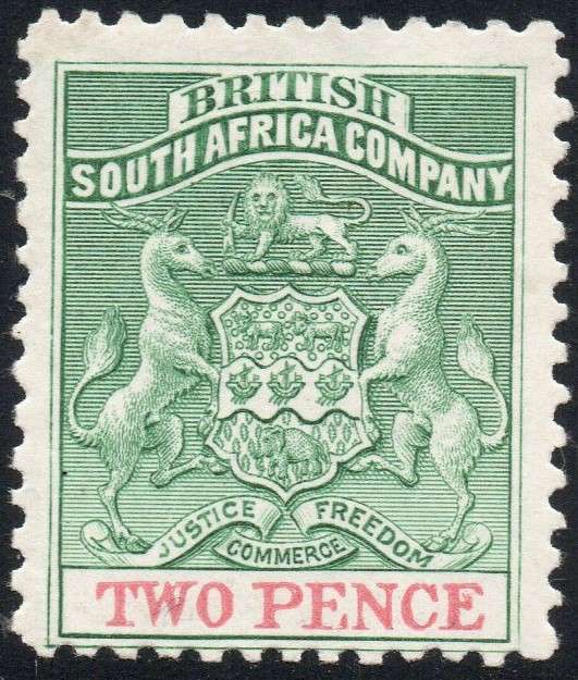 BSAC / RHODESIA 1895 SACC27 2d SEA GREEN & VERMILLION P12½ - MM CV R800