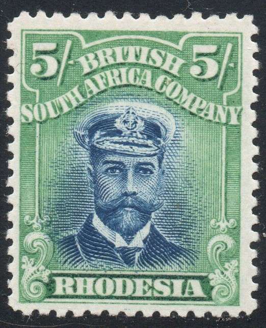 B.S.A.C. /RHODESIA SACC238 5/- BLUE & YELLOW-GREEN DIE 11 P14 CV R5500