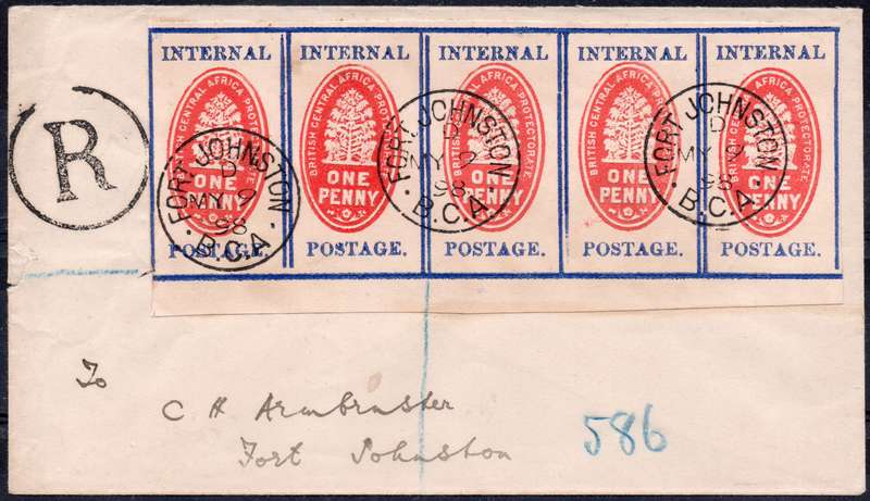 B.C.A. (NYASALAND) : 09 MAY 1898 REGISTERED COVER SENT WITHIN FORT JOHNSTON - SEE BELOW