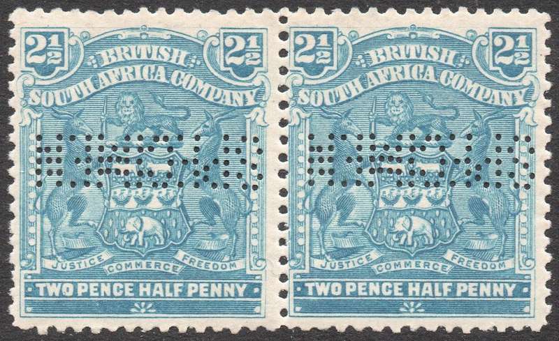 B.S.A.C. / Rhodesia 1909 SG72s 2½d PALE DULL BLUE ''SPECIMEN'' PAIR - MM